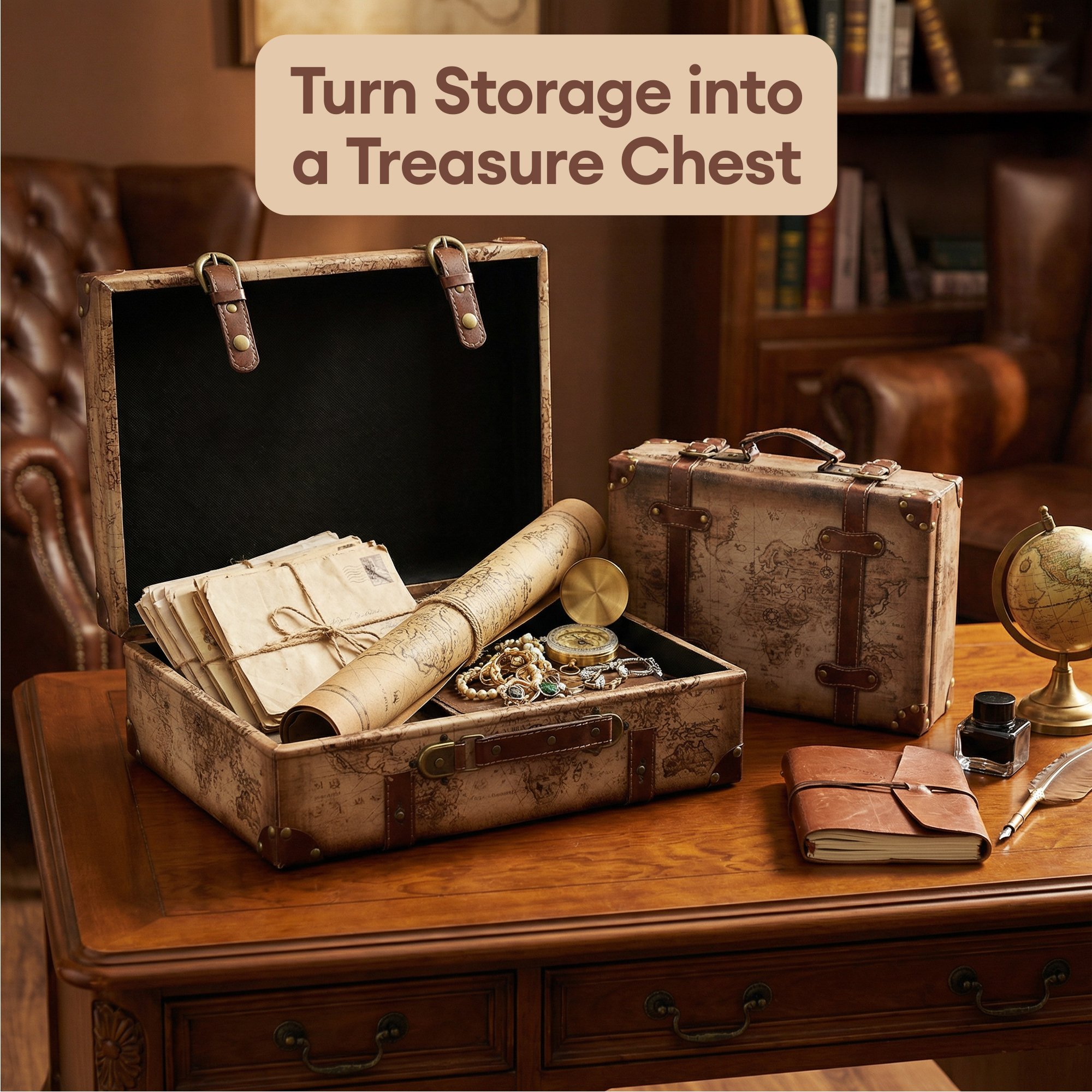 Vintiquewise Old World Map Leather Vintage Suitcase Set of 2